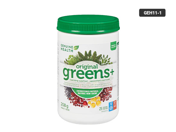 Genuine Health Greens+ contains nutrients, antioxidants, probiotic bacteria, and phytonutrients to provide energy, healthy digestion, and general well-being for your body.